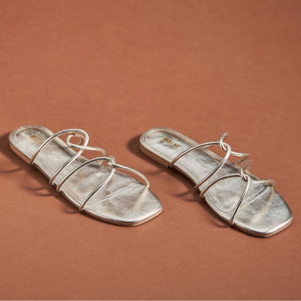 Anthropologie Silver Metallic Strappy Slide Sandals